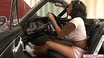 Ebony babe fucked by her white stepdad on her car
