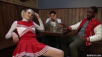 Glowing blonde cheerleader Arielle Aquinas flirts and teases with dudes in the bar and soon after interracial group stuff all her holes with huge dicks