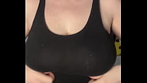 Huge boobs fall onto and shake table