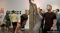 Busty blonde slave d. and fucked for crowd in public art gallery