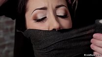 Dark haired sexy slut Sabrina Banks gets gagged and then ass whipped before in suspension pussy fucked with dick on a stick