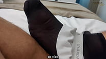 Worshiping a big gay daddies sexy sheer socked feet while he masturbates with his hard white cock just don't let his wife find out!