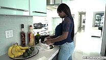 Stunning ebony stepmom whips out her big tits in front of her stepson