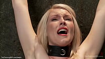 Chained for wrists and set on vibrator blond trainee Ella Nova is hard flogged by master James Mogul then mouth fucked and cummed by big cock gimp Owen Gray