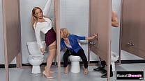 SacredShemale.com - Big tits tgirl Winter XX Doll and guy show the bathrooms gloryholes to a coworker.The girl sucks their cocks and the trans fucks her and is barebacked