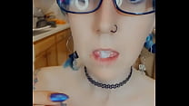 Blue Haired Punk in Glasses Plays with Cum on her Tongue