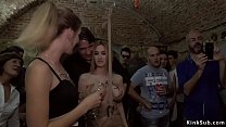 Mona Wales and Steve Holmes giving corporal punishment to two Spanish slaves Juliette March and Valeria Blue and making them group fucking in public bar
