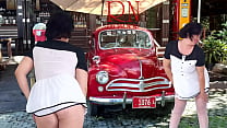 Double Regina Noir. A pretty lady in a short dress shows a striptease. Pussy and ass.
