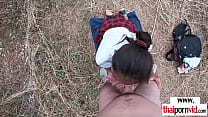 Skinny amateur asian slut giving a blowjob to her european lover outdoor