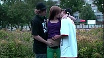 Street sex with Alexis Crystal and 2 teen guys fucking orgy in broad daylight