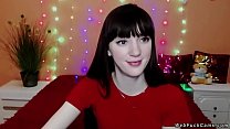 Brunette amateur cutie in red t shirt and jeans trousers chating with users in live webcam show then stripping top and posing in bra with whip lash