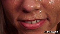 Frisky bombshell gets cum shot on her face gulping all the charge