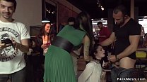 Dark haired mistress humiliated petite slut in public bar in Spain