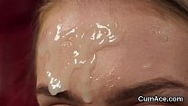 Frisky sex kitten gets sperm load on her face swallowing all the jizz