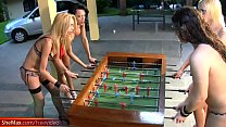 T-girls strip down lingerie and stockings playing foosball