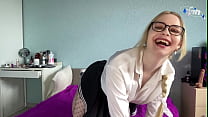 A beauty with glasses swallows a dildo and a POWERFUL CUMSHOT