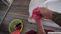 Stepmom leaves her dirty panties in the hamper but pervy stepson likely to come into her room and sniff them