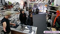 Two horny sluts try to steal at the pawnshop and as their punishment one of them gets boned