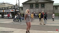 German blonde babe Uma Masome gets shocked with remote controled vibrator in hands of Princess Donna Dolore then group fucked in public