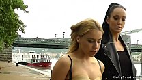 Mistress in leather disgraces petite blonde Euro slut outdoor in public