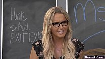 Big tits trans teacher Kayleigh Coxx helps her student with his hardon so he can make his test.She deepthroats and gets sucked before he barebacks her
