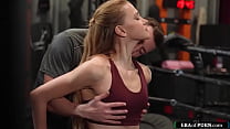 European babe stretches her body at a gym and a guy joins her.The small tits redhead is facefucked and then he fingers her ass.Then shes anal fucked