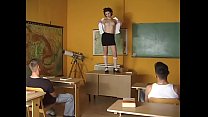 Nasty brunette honey with lovely tits gets her fucking holes slammed by two hunks in classrrom