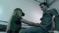 As a dominant lady the blonde enjoys handcuffing the guy and sucking his big dick