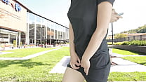 Cumming hard in public on the mall terrace with Lush remote controlled vibrator