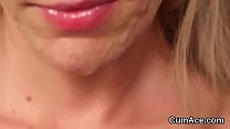 Nasty honey gets cum load on her face gulping all the cream