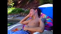 Horny dude fucks blonde hard in all positions on a deck chair