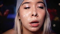Beautiful Latina blonde with a cute face is covered in cum by her boss after sucking his cock until he cums