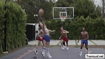 Trans basketball referee Eva Maxim lets the two handsome player get naked and she then throat their hard big cocks passionately.In return,the player starts fucking her tight wet asshole so deep and fucking hard.
