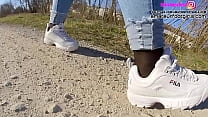 sweaty Fila sneaker shoes, she has gray nylons. Here I show you my filas destructor with nylons, I crush different things onto a stone, like carrots, apples, bloodorange, orange. I also take off my filas and show you my nylons