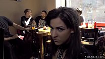 Euro brunette hottie rimming mistress and fucking big dicks in crowded public bar