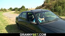 Young guy fucks old granny outdoors