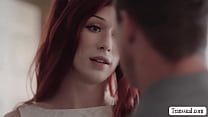 Redhead shemale confronted by her new stepdad for wearing stepmoms clothes.After that,she throats his dick and lets him lick and bareback fuck her ass