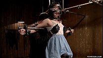 Brunette slave Kristina Rose is locked in the air in metal device with pipe between her legs then gagged in extreme position on one knee gets fingered by master The Pope