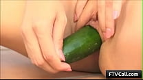 Watch natural busty horny girl pleasing her pussy with huge veggie and reach intense orgasm