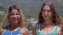 Mary Popiense and Angel Rivas Practice Strip Volleyball