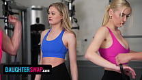Lucky Studs Cum On StepDaughters Kay Lovely And Amber Moore's Faces In The Gym
