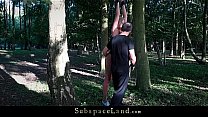 Slave suffers bondage pain rough fuck mouth use in the woods