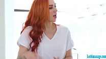 Busty redhead masseuse massages her curly haired client using her tits.After that,they get horny and start licking each others pussy.