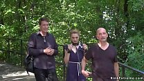 Czech slave Luca Bella with handcuffs on a leash walked in public park at river view then in public bar tied up and anal fucked