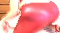 Busty babe in red latex rubbing her boobs