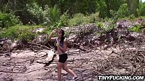 Petite teen stuck by the river lost in wildnerness gets picked up by dudes in boat and brought back home for a good fuck.