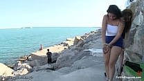 Bound Spanish slut Salma de Nora is humiliated in public streets by Princess Donna Dolore and James Deen then rough fucked by the sea