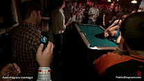 Busty brunette slave Aria Aspen with hands tied behind back gets spanked and gaped by dom Princess Donna Dolore then fucked by Mr Pete in public pool bar