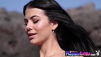Glamorous naked latina introducing her hot boobs on the rocks