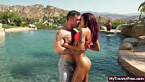 Stunning  tight trans babe Khloe Kay oils up in the pool and jerks off her cock.Her guy shows up and they starts kissing.She goes down on him and he grabs her hair while she throats him.He sucks her as well and after a handjob she anal rides him
